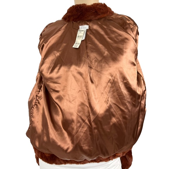 Faux Fur Bomber Jacket Chevron Brown High Neck Front Zip Size Medium - Picture 6 of 11